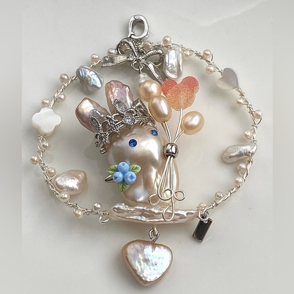 Hand Crafted Jewelry - P200-Handmade Premium Flameball Pearl Bunny Detachable Pendant